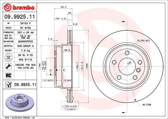 Гальмівний диск задн. BMW X5 (E70/F15/F85) / X6 (E72/72/F16/F86) 06-18 (320x20) BREMBO 09.9925.11 (фото 1)