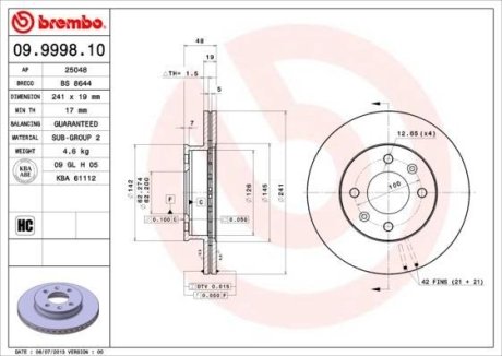 Гальмівний диск пер. Getz/TB/Click 01-12 BREMBO 09.9998.10 (фото 1)