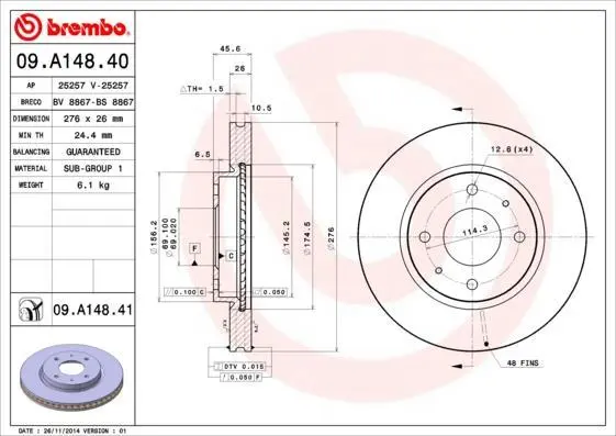 Гальмівний диск пер. Galant/Lancer (99-11) BREMBO 09.A148.41 (фото 1)