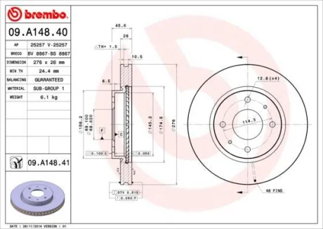 Гальмівний диск пер. Galant/Lancer (99-11) BREMBO 09.A148.41