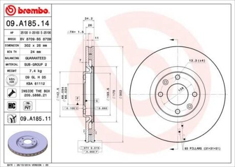 Гальмівний диск п./з. C4 04-/308 09-/3008 13- (302x34mm) BREMBO 09.A185.14