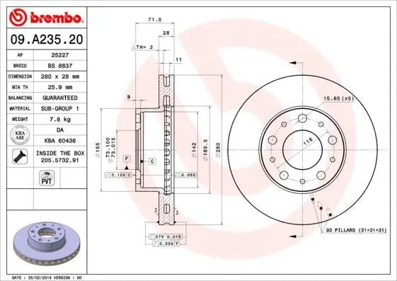 Гальмівний диск пер. Citroen Jumper, Fiat Ducato, Peugeot Boxer 06- (280*28) BREMBO 09.A235.20 (фото 1)