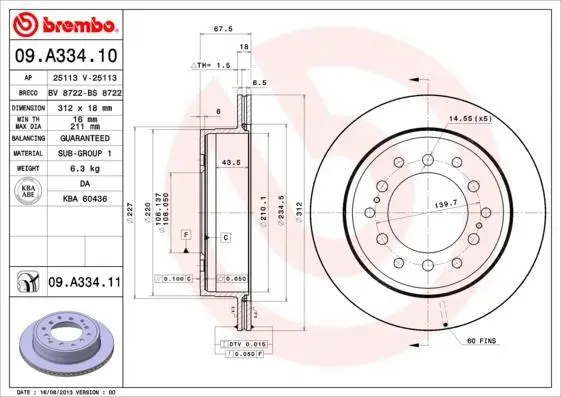 Гальмівний диск зад. Cruiser 300/80/90/Prado/Lexus GX 01-10 3.0-4.7 BREMBO 09.A334.11 (фото 1)