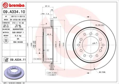 Гальмівний диск зад. Cruiser 300/80/90/Prado/Lexus GX 01-10 3.0-4.7 BREMBO 09.A334.11