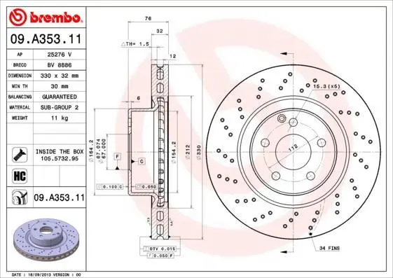Гальмівний диск пер. W220 98-/C215 99- (330x76mm)(1шт/уп) BREMBO 09.A353.11 (фото 1)