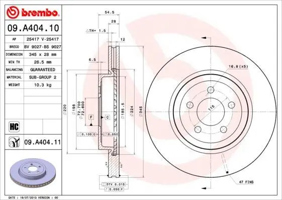 Гальмівний диск пер. Chrysler 300C / Dodge Challenger 07-/Charger 10- (345х28) BREMBO 09.A404.11 (фото 1)