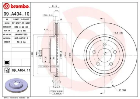 Гальмівний диск пер. Chrysler 300C / Dodge Challenger 07-/Charger 10- (345х28) BREMBO 09.A404.11