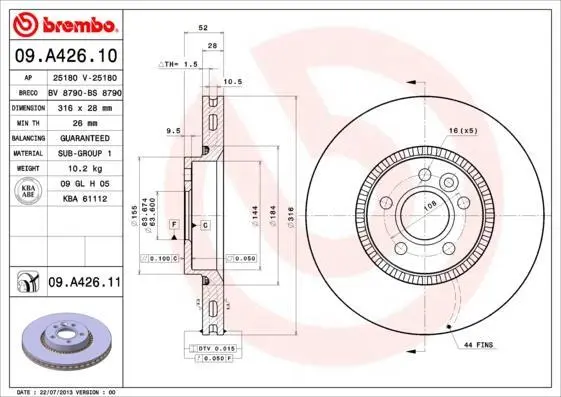 Гальмівний диск пер. Freelander/Galaxy/S60/S80/S80L (06-21) BREMBO 09.A426.11 (фото 1)