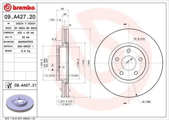 Гальмівний диск пер. Mondeo IV (BA7),S-MAX,Galaxy 06-/S60, S80, XC70 10- (300x28) BREMBO 09.A427.21 (фото 1)