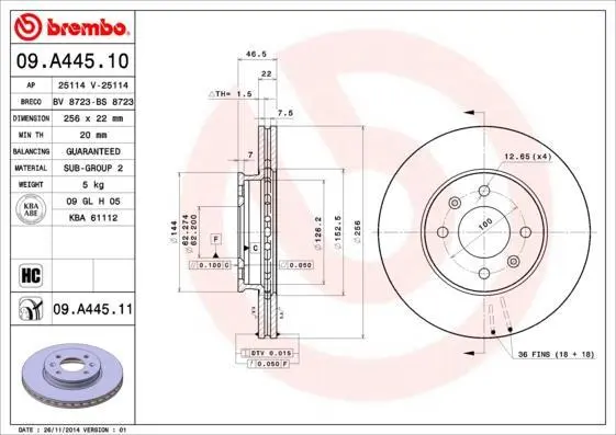 Гальмівний диск пер. Accent 06-/i20 08-/Rio 07- (256x47mm) BREMBO 09.A445.11 (фото 1)