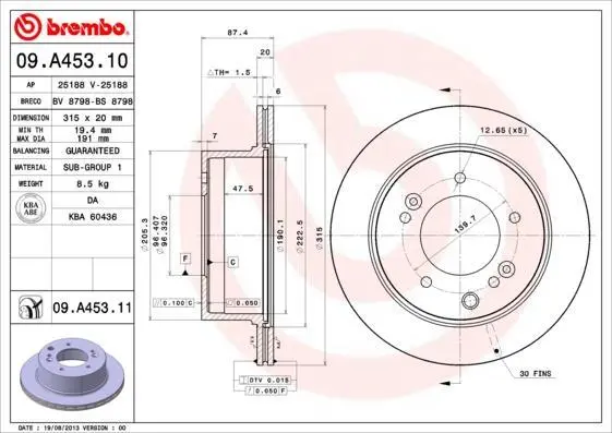 Гальмівний диск зад. Sorento 02- (315x88mm)(1шт/уп) BREMBO 09.A453.11 (фото 1)