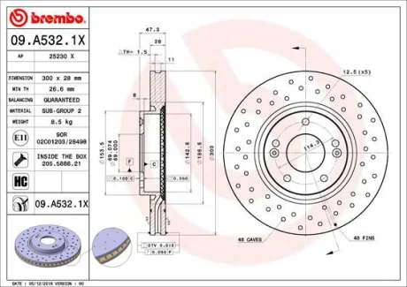 Гальмівний диск пер. Tucson 05-/ix35 09-/i40 11-/Sportage III 09- (300x47mm) BREMBO 09.A532.1X