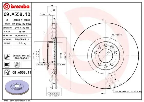 Гальмівний диск пер. Citroen C5/C5 Aircross/C6 / Peugeot 407/4007/5008 (340х30) BREMBO 09.A558.11 (фото 1)