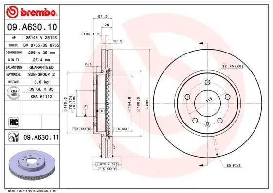 Гальмівний диск пер. Antara/Captiva 06- (296х29) BREMBO 09.A630.10 (фото 1)