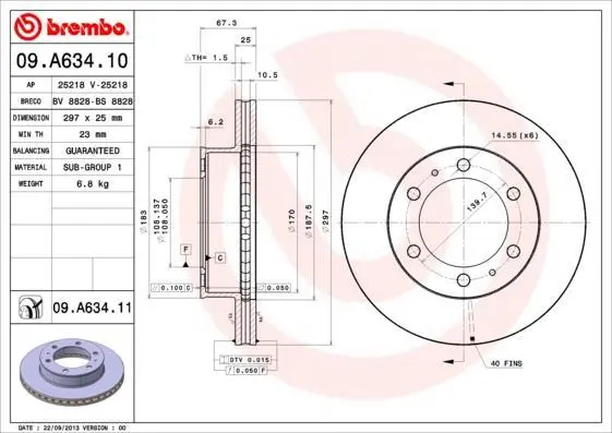Гальмівний диск пер. Hilux 05- (297х25) BREMBO 09.A634.10 (фото 1)