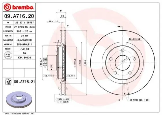 Гальмівний диск пер. Nissan Juke 10-19/Qashqai/X-Trail (T31) 07-13 (296x26)(з лакованим покриттям) BREMBO 09.A716.21 (фото 1)
