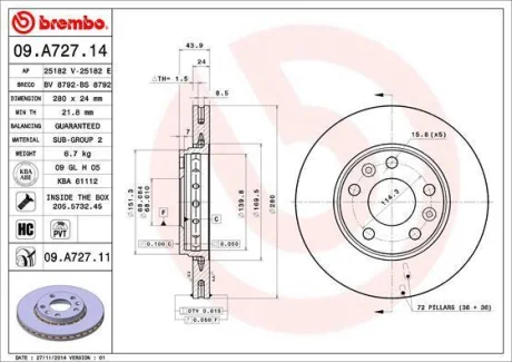Гальмівний диск перед. Duster/Fluence/Laguna/Megane/Scenic 07- (280x24) BREMBO 09.A727.11