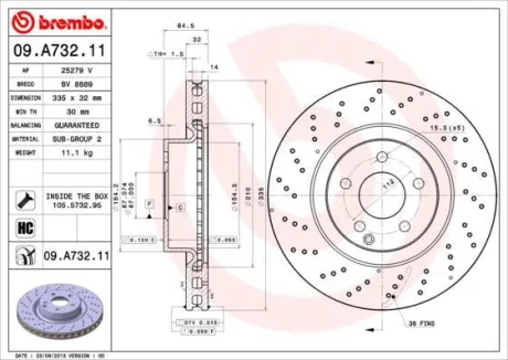 Гальмівний диск пер. W221 06-13 BREMBO 09.A732.11