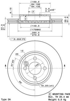 Фото гальмівний диск пер. MINI R55/R56/R57/R58/R59 (280х22) BREMBO 09.A761.11 Гальмівний диск пер. MINI R55/R56/R57/R58/R59 (280х22) BREMBO 09.A761.11