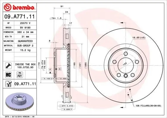 Гальмівний диск пер. Range Rover III 02-12 BREMBO 09.A771.11 (фото 1)