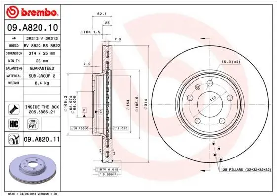 Гальмівний диск пер. A4/A5/A4 16- BREMBO 09.A820.11 (фото 1)