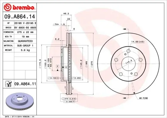 Гальмівний диск пер. Corolla 06- (275x46mm) BREMBO 09.A864.11 (фото 1)
