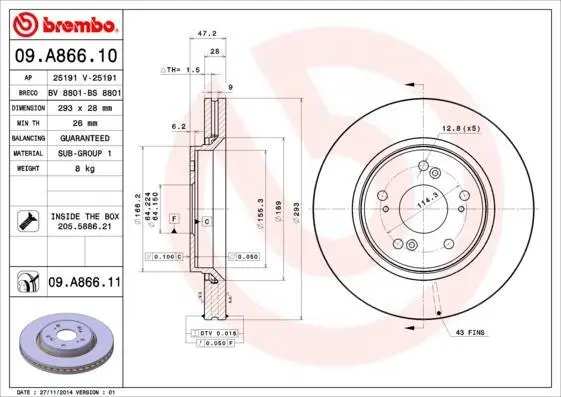 Гальмівний диск пер. CR-V (12-21) BREMBO 09.A866.10 (фото 1)