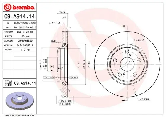Гальмівний диск пер. TOYOTA Avensis (_T27_) 08- (295*26) BREMBO 09.A914.11 (фото 1)