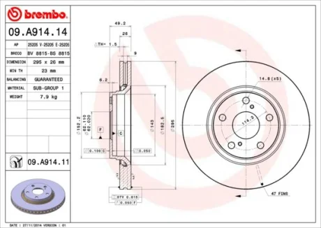 Гальмівний диск пер. TOYOTA Avensis (_T27_) 08- (295*26) BREMBO 09.A914.11