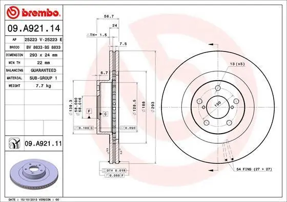 Гальмівний диск пер. SUBARU Forester 02-, Legacy 08-, Impreza, Outback 00- (293*24) BREMBO 09.A921.11 (фото 1)