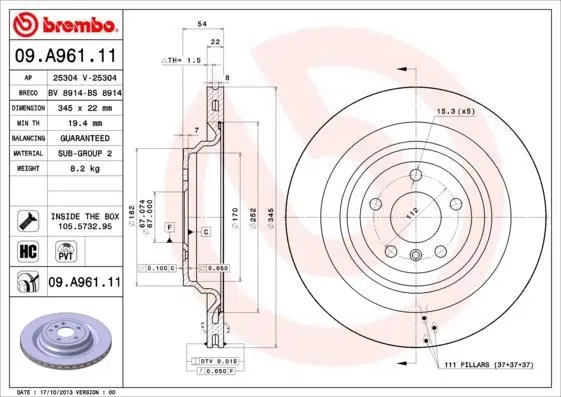 Гальмівний диск зад. MB M-CLASS W166 11-15 BREMBO 09.A961.11 (фото 1)