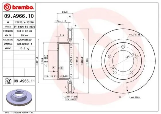 Гальмівний диск пер. Lexus LX/Cruiser 200 07- 4.4-6.0 BREMBO 09.A966.11 (фото 1)
