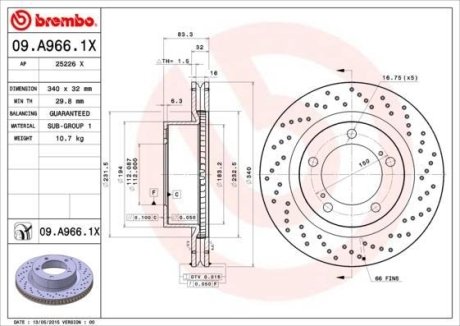 Гальмівний диск пер. Lexus LX/Cruiser 200 07- BREMBO 09.A966.1X