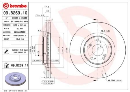 Фото гальмівний диск пер. Acord VIII 08-/IX 12- (320х32) BREMBO 09.B269.11 Гальмівний диск пер. Acord VIII 08-/IX 12- (320х32) BREMBO 09.B269.11
