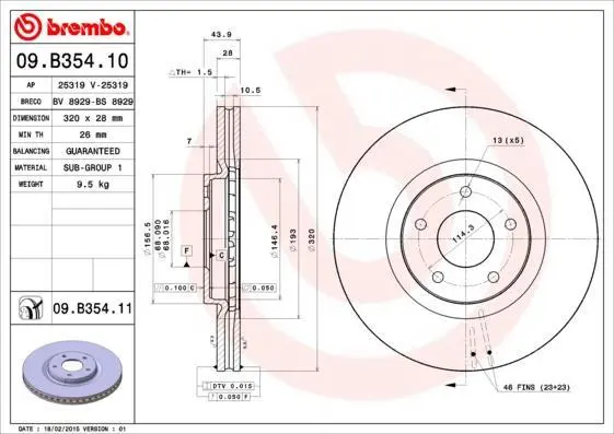 Гальмівний диск пер. Juke 14-19/Koleos 08-/Qashqai 07-13 BREMBO 09.B354.10 (фото 1)