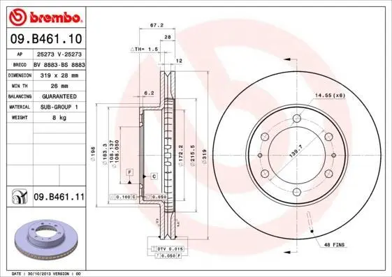 Гальмівний диск пер. FJ Cruiser 05-18/Hilux VIII 15-/Land Cruiser Prado 02-10 (319х28) BREMBO 09.B461.11 (фото 1)