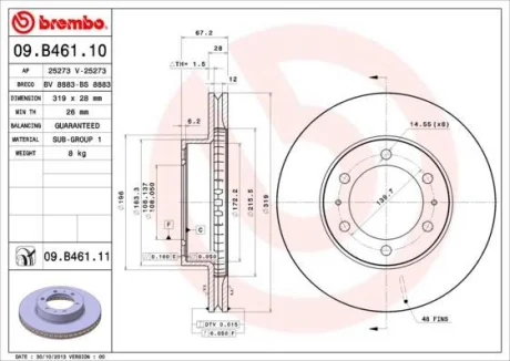 Гальмівний диск пер. FJ Cruiser 05-18/Hilux VIII 15-/Land Cruiser Prado 02-10 (319х28) BREMBO 09.B461.11