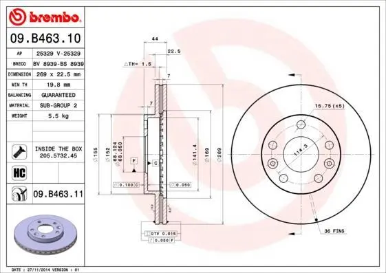 Гальмівний диск пер. Duster/Kaptur/Megane/Terrano (14-21) BREMBO 09.B463.10 (фото 1)