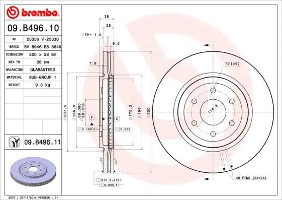 Гальмівний диск пер. Nissan Navara/ Pathfinder III 05-10 (17") BREMBO 09.B496.10 (фото 1)