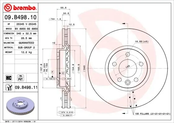 Гальмівний диск пер. Vw T5/T6 (340х32,5) BREMBO 09.B498.11 (фото 1)