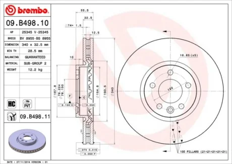 Гальмівний диск пер. Vw T5/T6 (340х32,5) BREMBO 09.B498.11