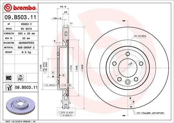 Гальмівний диск зад. Range Rover IV L405 12- BREMBO 09.B503.11 (фото 1)
