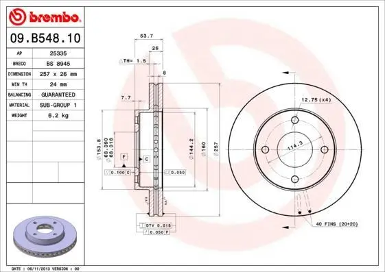 Гальмівний диск пер. NV200 10- (257х26) BREMBO 09.B548.10 (фото 1)