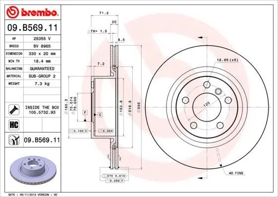 Гальмівний диск зад. X3 (F25)/X4 (F26) 10-18 (330x20) BREMBO 09.B569.11 (фото 1)