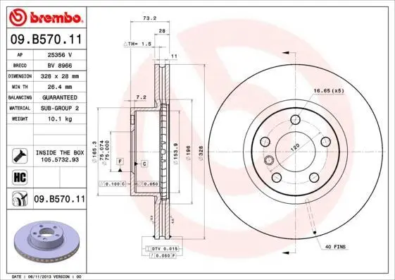 Гальмівний диск пер. BMW X3 (F25)/X4 (F26) 10-18 (328x28) BREMBO 09.B570.11 (фото 1)