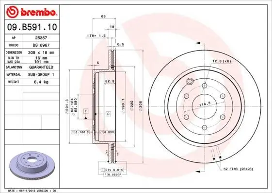 Гальмівний диск зад. Patfinder III 05- (308х18) BREMBO 09.B591.10 (фото 1)