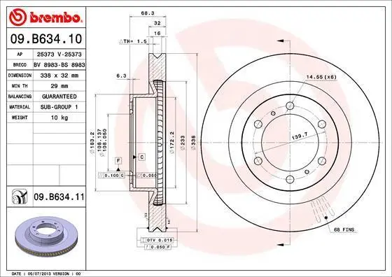 Гальмівний диск пер. Land Cruiser/Prado (10-21) BREMBO 09.B634.11 (фото 1)
