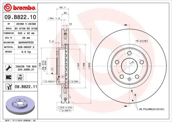 Гальмівний диск пер. Q5/A4/A6/A6/A7/A5/Q5/A4 08- BREMBO 09.B822.11 (фото 1)