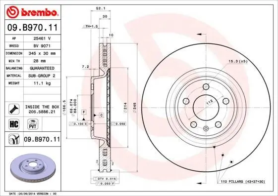 Гальмівний диск пер. Q5/A4/A6/Macan/A5/A6/A7/Q5/A4 08- BREMBO 09.B970.11 (фото 1)