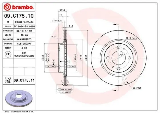 Гальмівний диск пер. Citroen C-Zero 10- / Mitsubishi i 06- / Peugeot Ion 10- (257х17) BREMBO 09.C175.11 (фото 1)
